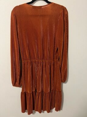 Emma & Michele Rust Orange Long Sleeve Pleated Mini Dress